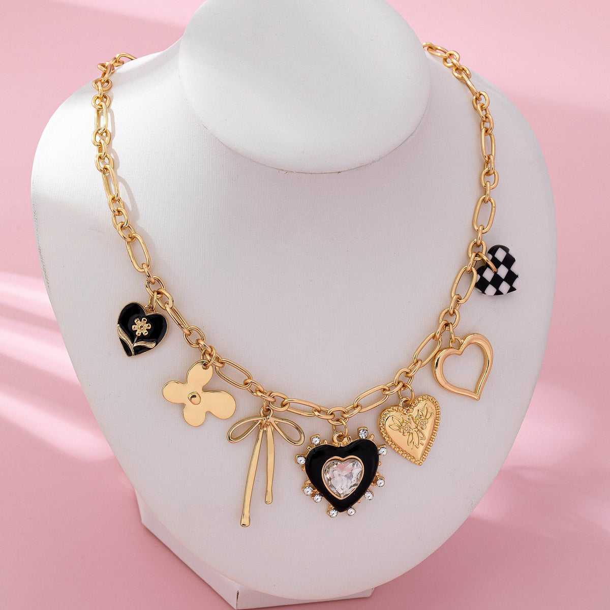 Golden Checkered Heart Charm Necklace
