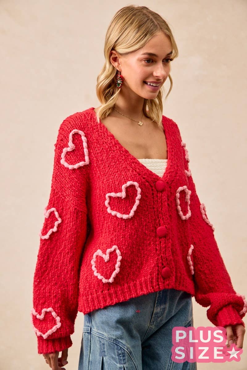 Heart Print Pom Pom Knit Cardigan