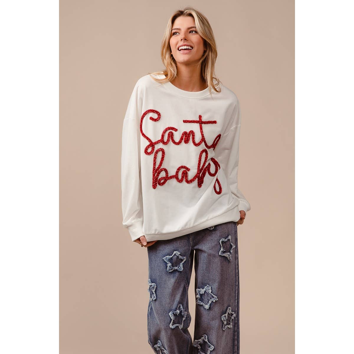 Santa Baby Tinsel Lettering Oversized Christmas Sweatshirt