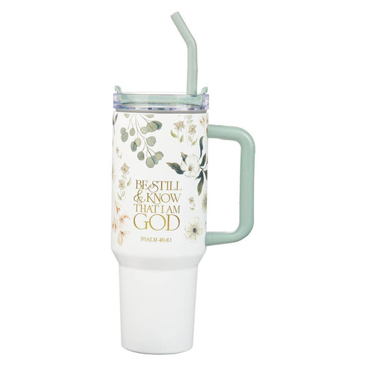 Be Still Teal Meadow Tumbler – 40 oz Christian Stainless Steel Cup with Straw (Psalm 46:10)