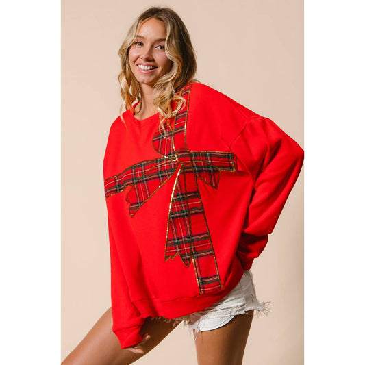 Christmas Plaid Bow Oversized Fleece Sweatshirt