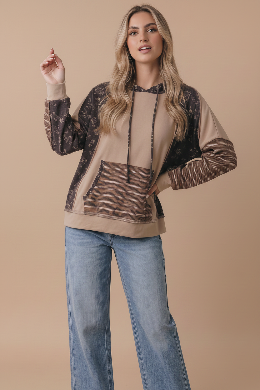 Mocha Floral Patchwork French Terry Hoodie