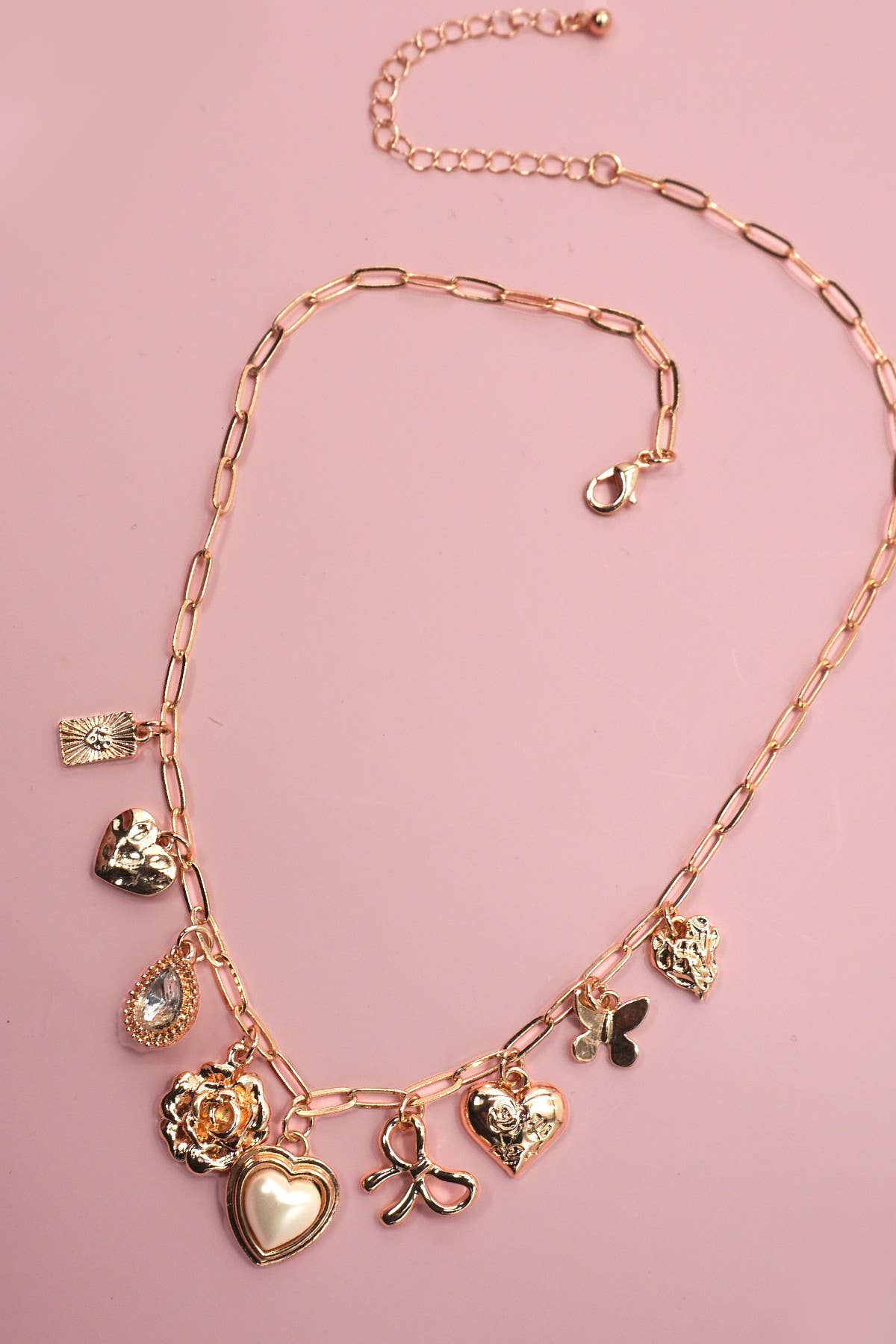 Charm Necklace – Pearl Heart, Bow & Rhinestone Accents