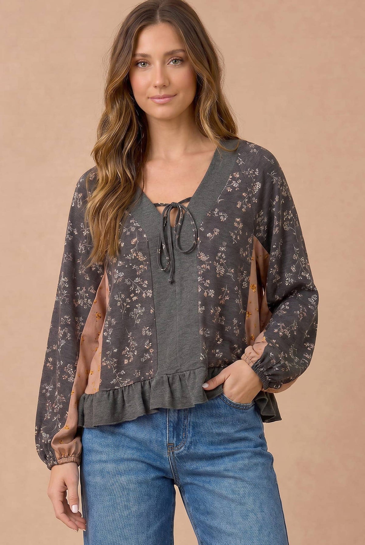Floral Color Block Babydoll Peplum Top – Charcoal