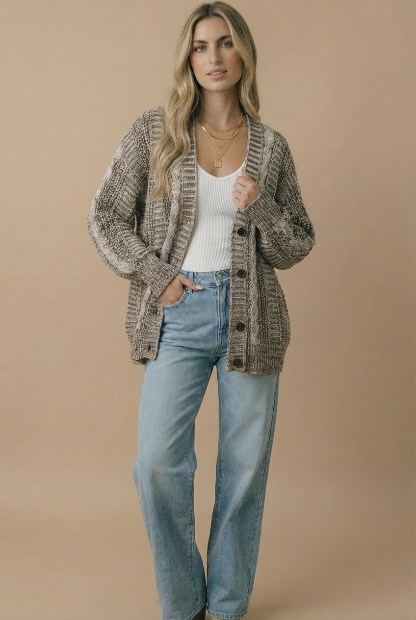 Two-Tone Chunky Cable Knit Button-Down Cardigan