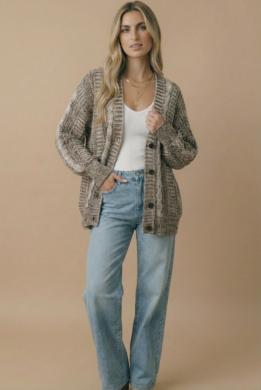 Two-Tone Chunky Cable Knit Button-Down Cardigan
