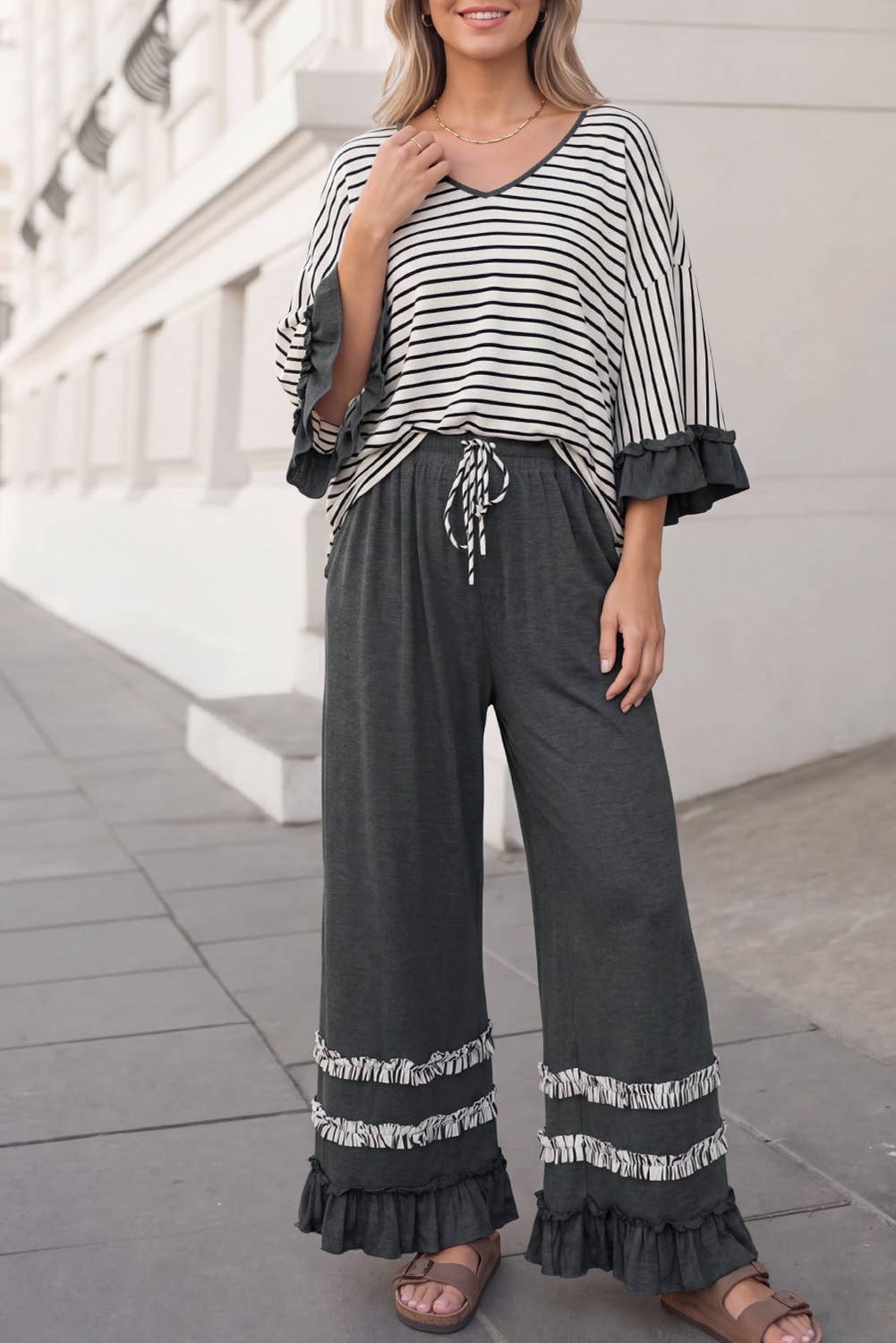 Ruffle & Stripe Wide Leg Pant Set
