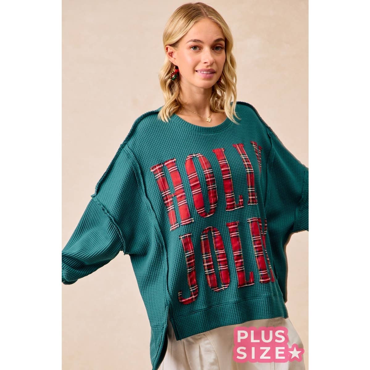 Holly Jolly Plaid Oversized Waffle Knit Christmas Sweatshirt