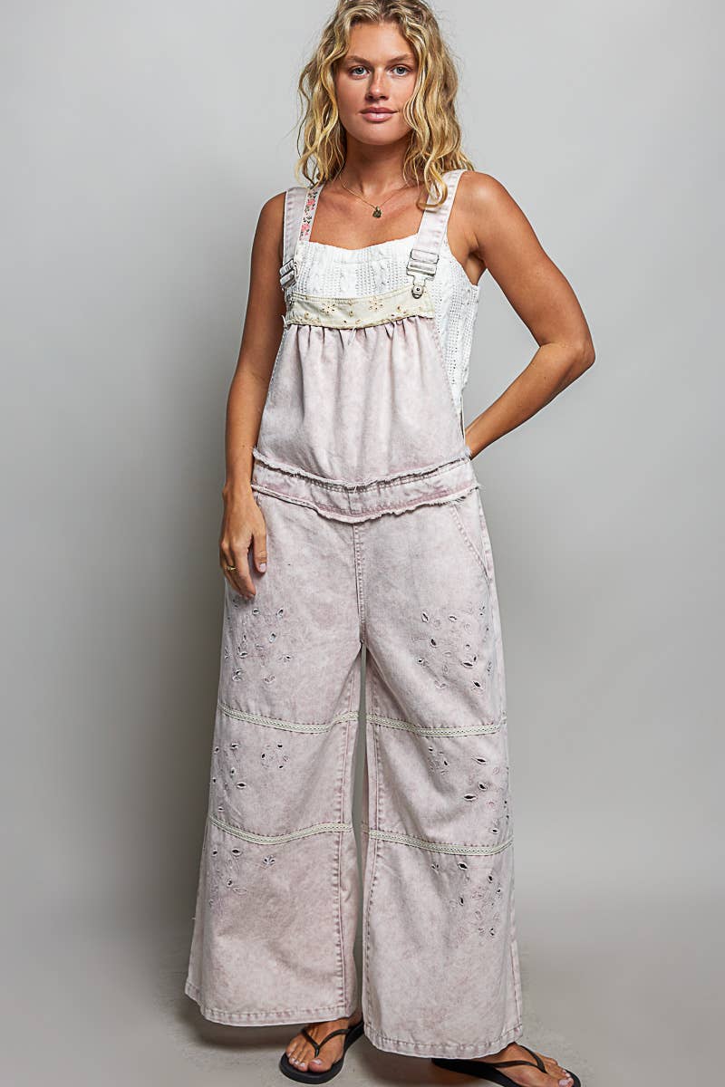 Laser-Cut Trim Accent Twill Denim Wide Leg Overalls