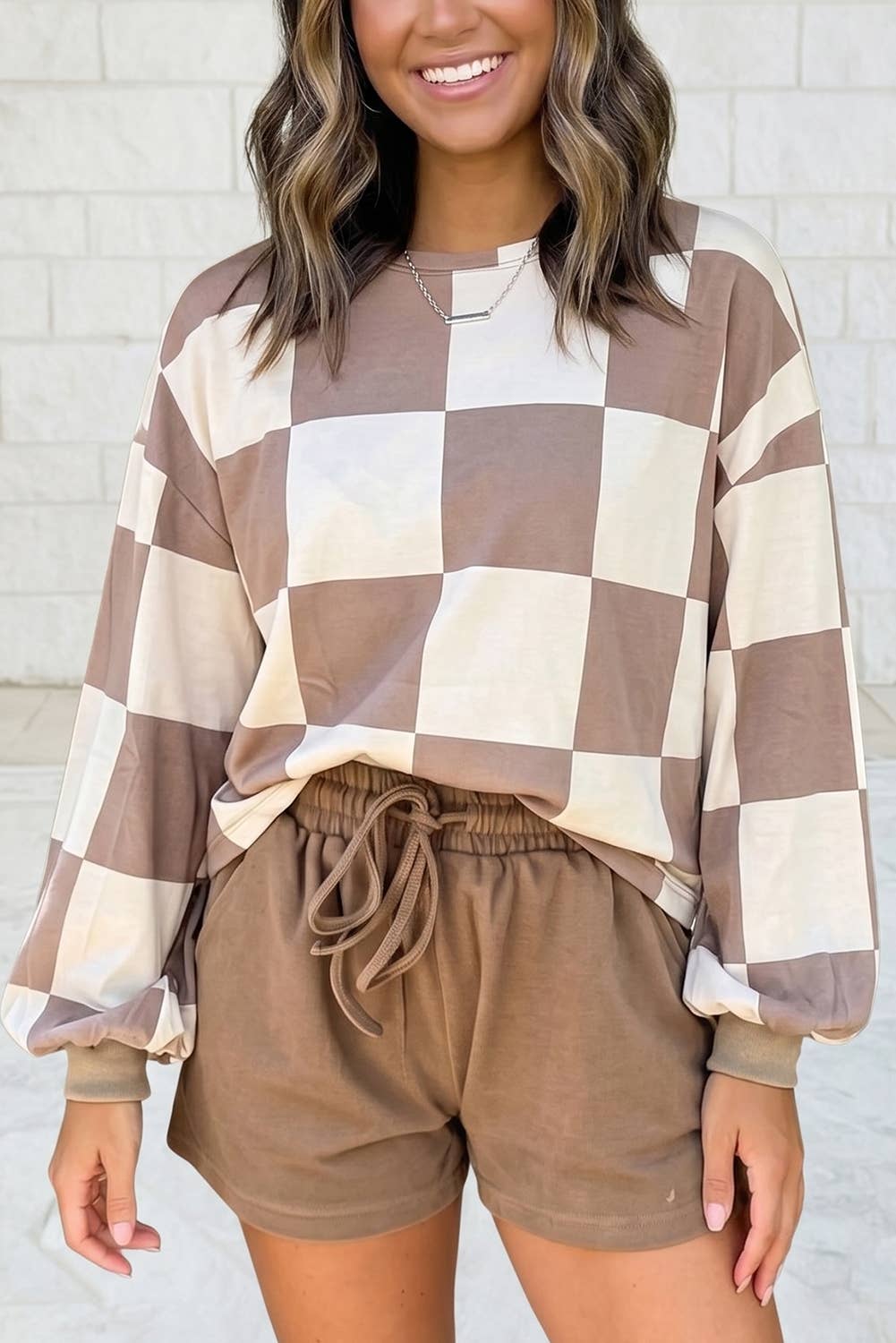Plaid Long Sleeve Two Piece Set Shift Pantsuit S–4X