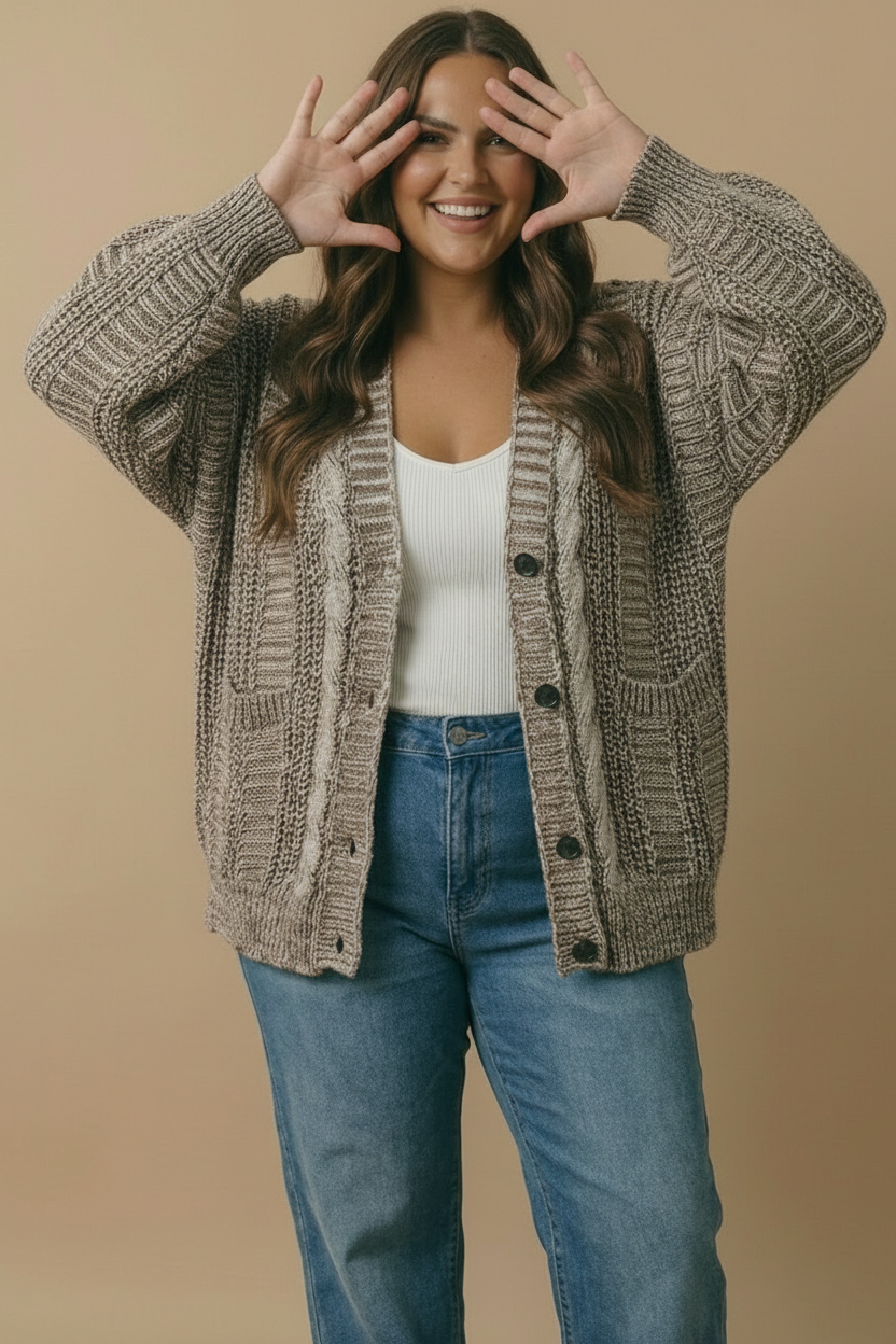 Two-Tone Chunky Cable Knit Button-Down Cardigan