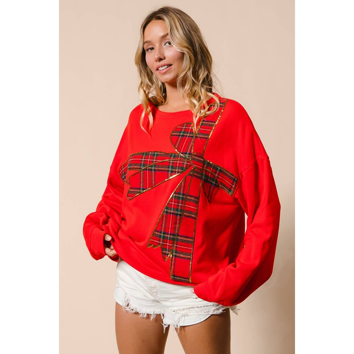 Christmas Plaid Bow Oversized Fleece Sweatshirt