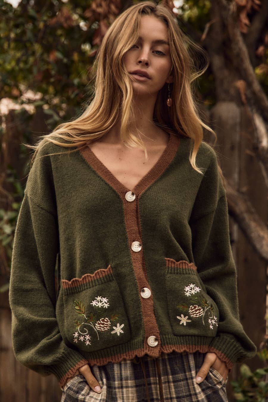Cozy Floral Embroidered Knit Cardigan – Olive & Brown