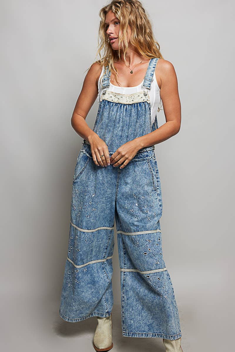 Laser-Cut Trim Accent Twill Denim Wide Leg Overalls