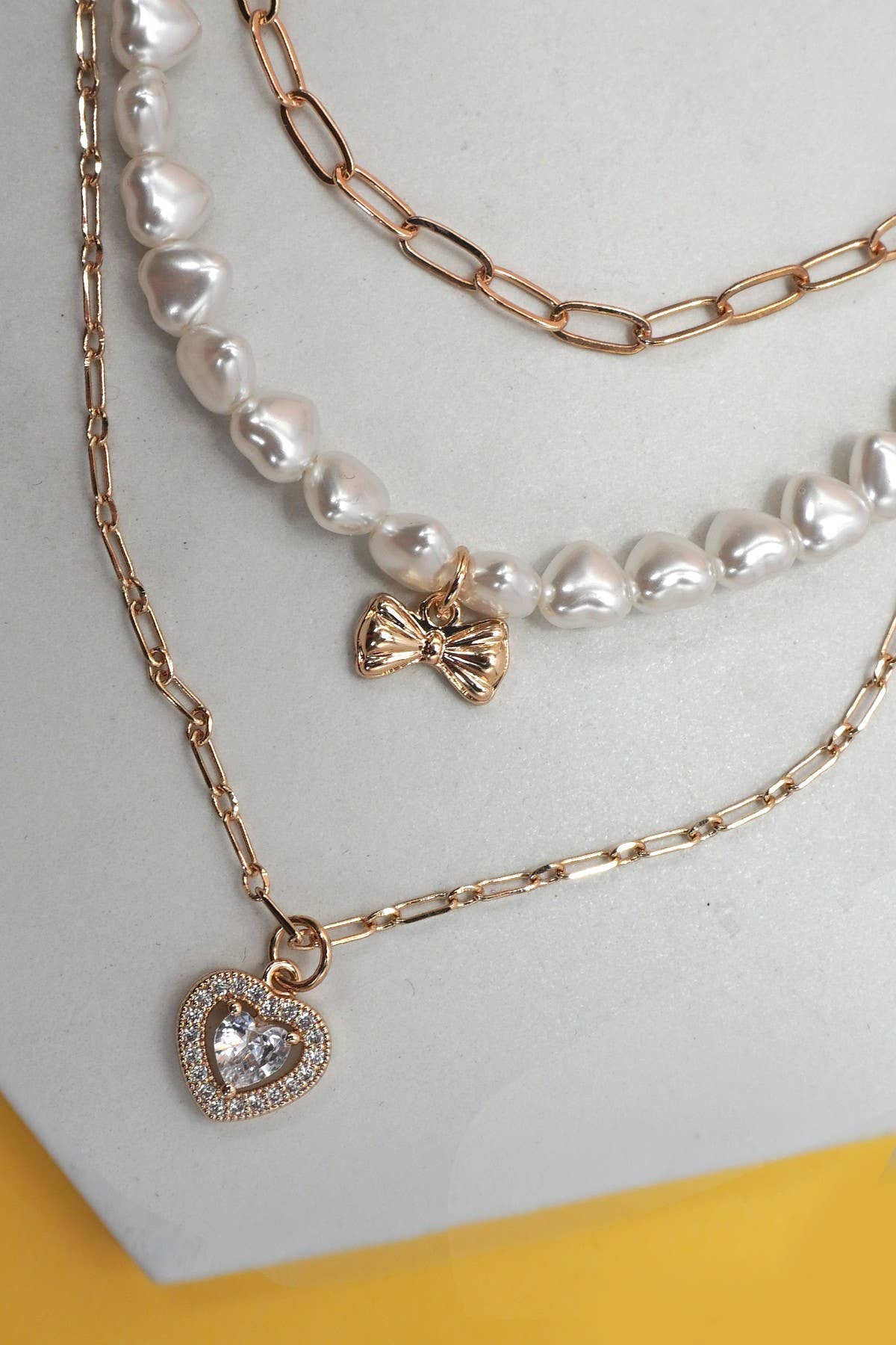 Pearl & Bow Layered Heart Necklace