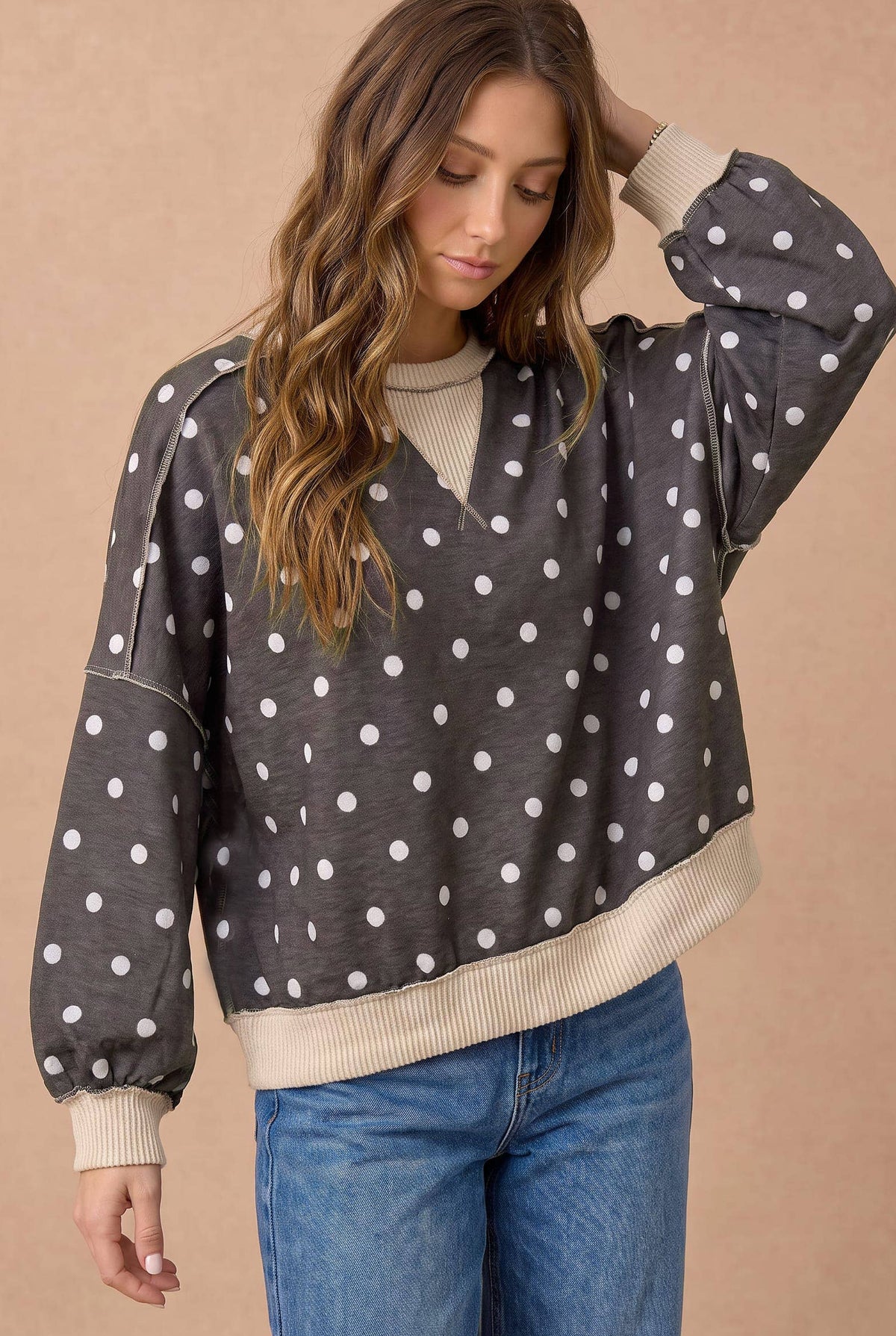Charcoal Polka Dot Contrast Pullover