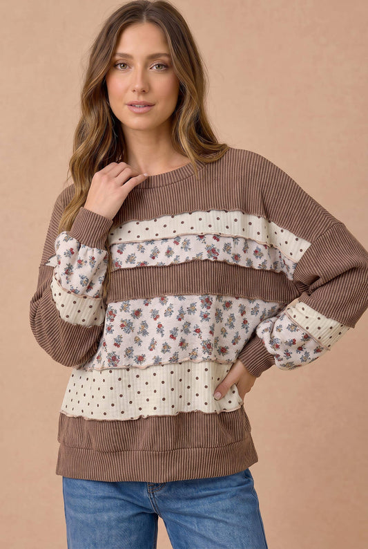 Plus Floral and Polka Dot Mixed Knit Top