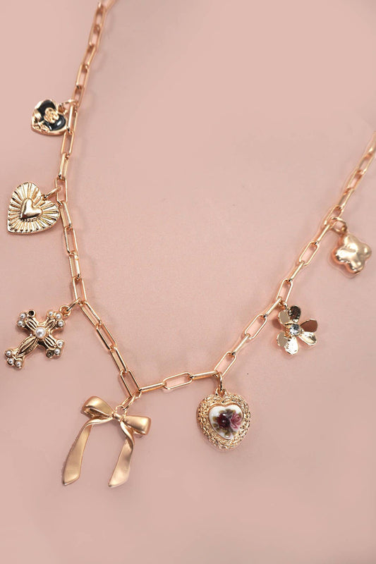 Vintage Charm Necklace – Floral Heart, Bow, Cross & Heart