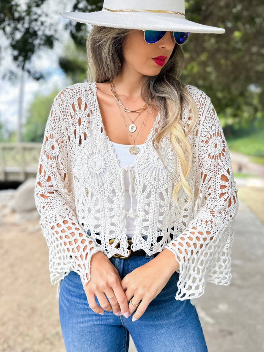 Ivory Floral Open Front Long Sleeve Crochet Cardigan