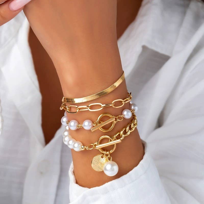 Pearls & Gold Mixed Chain Bracelet Stack