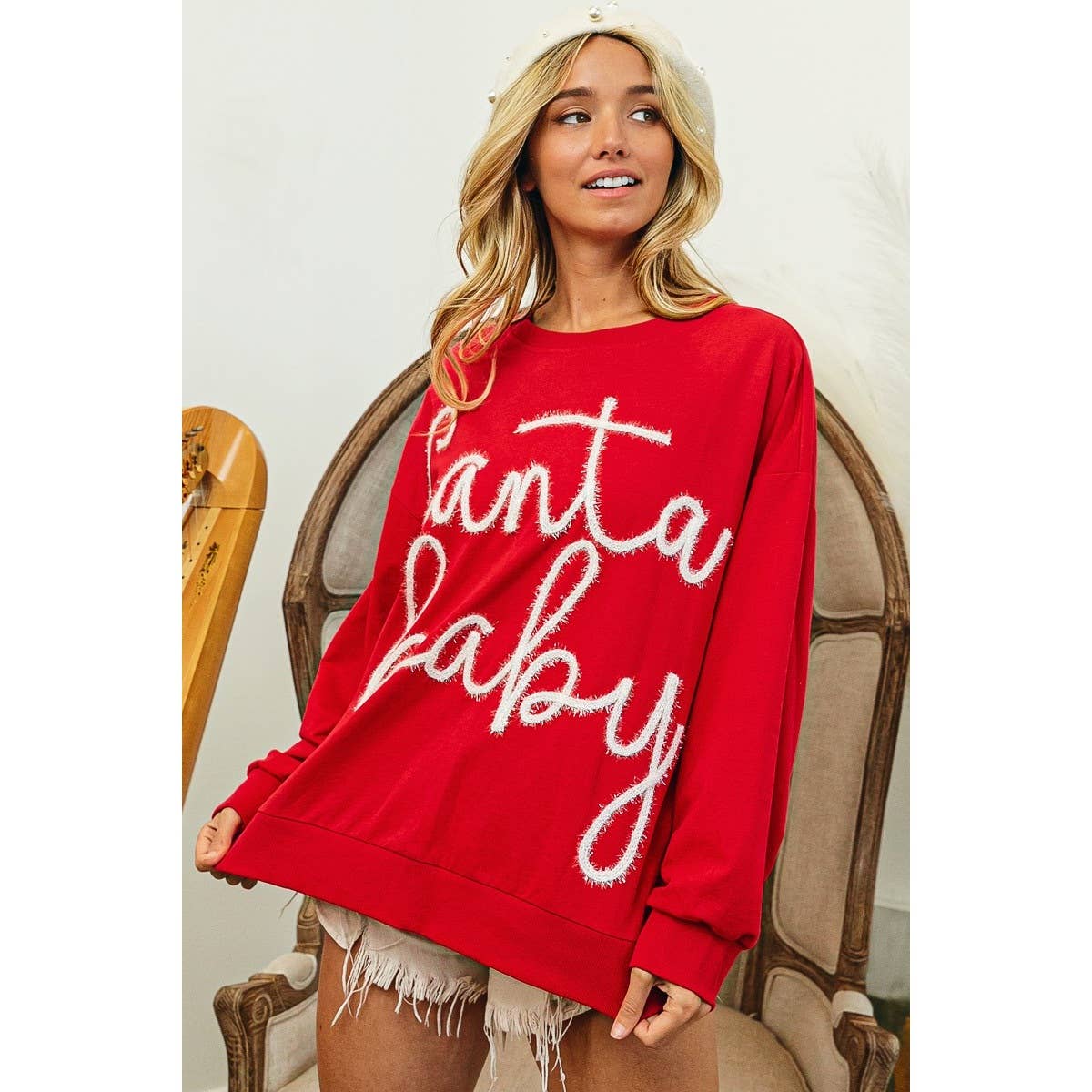 Santa Baby Tinsel Lettering Oversized Christmas Sweatshirt