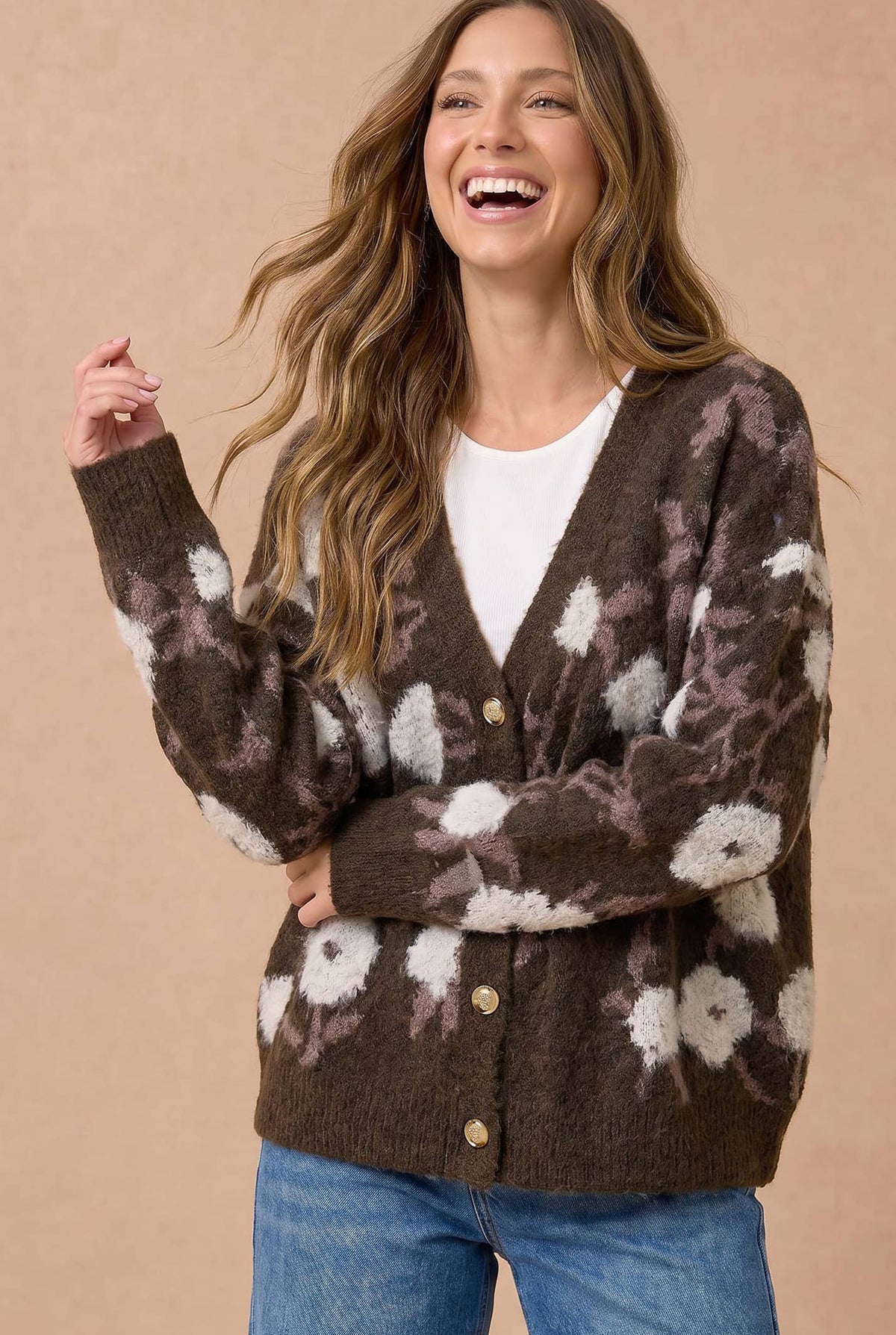 Mocha Floral Oversized Knit Cardigan – Button Front