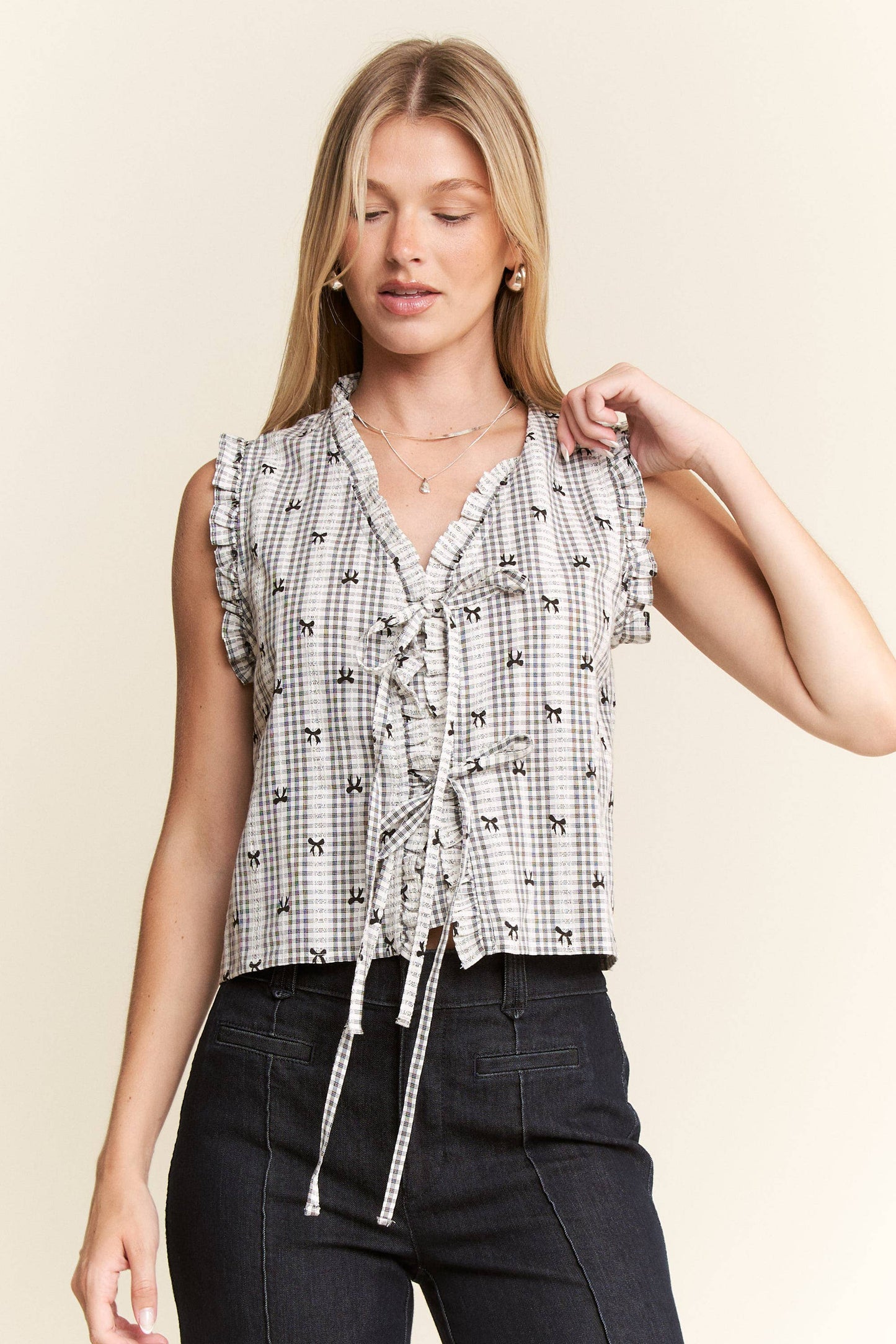 PLUS SIZE BOW PRINT PLAID TIE FRONT TOP