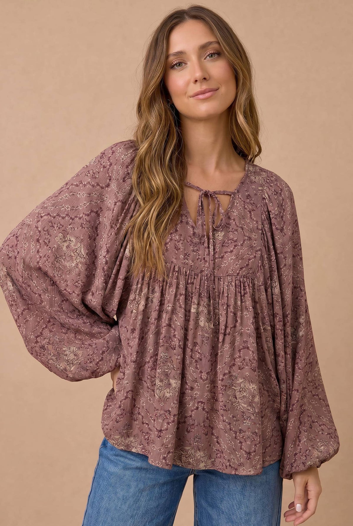 Mauve Floral Boho Peasant Blouse