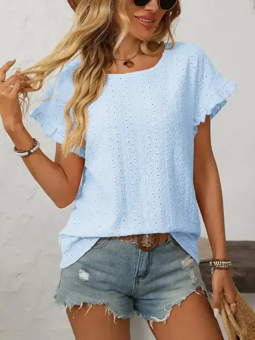 Light Blue Hollow-Out Crewneck Short Sleeve Summer Top
