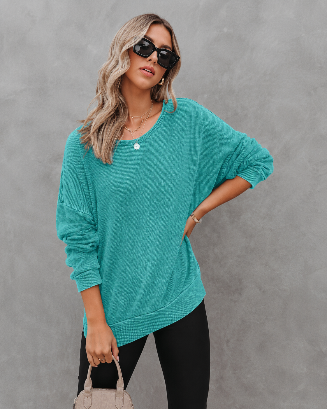Solid Waffle Top Casual Oversized Drop Shoulder Pullover