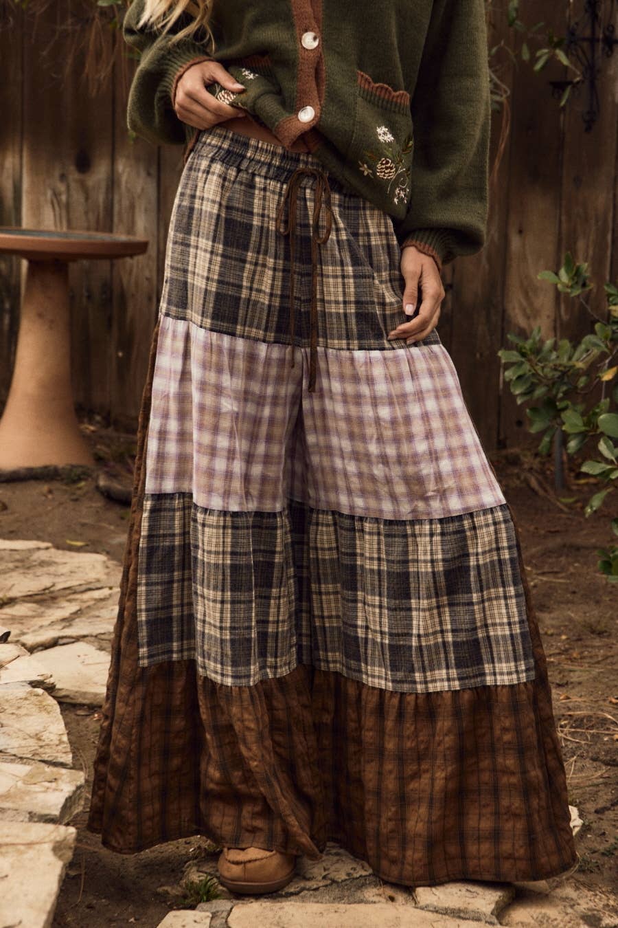 Boho Plaid Patchwork Maxi Skirt Pants – Flowy Wide Leg