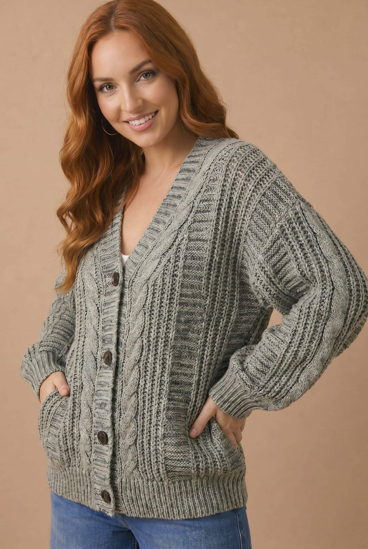 Two-Tone Chunky Cable Knit Button-Down Cardigan