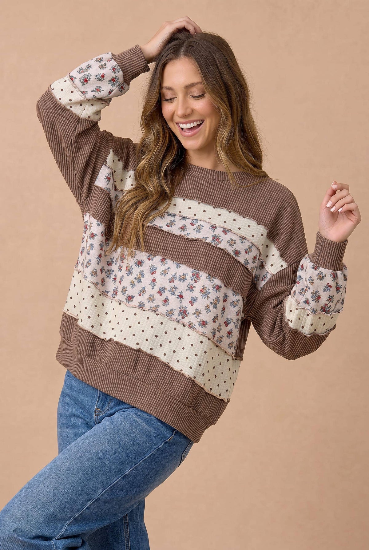 Plus Floral and Polka Dot Mixed Knit Top