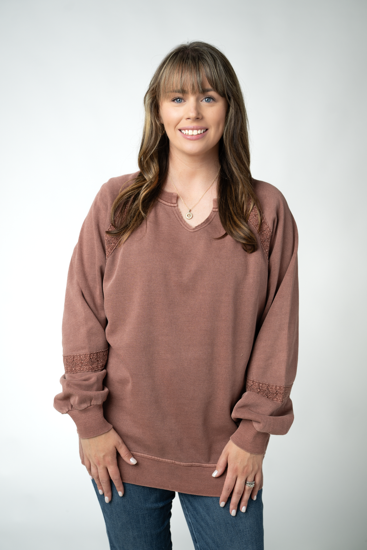 Vintage Lace Accent Washed Pullover – Mocha Brown
