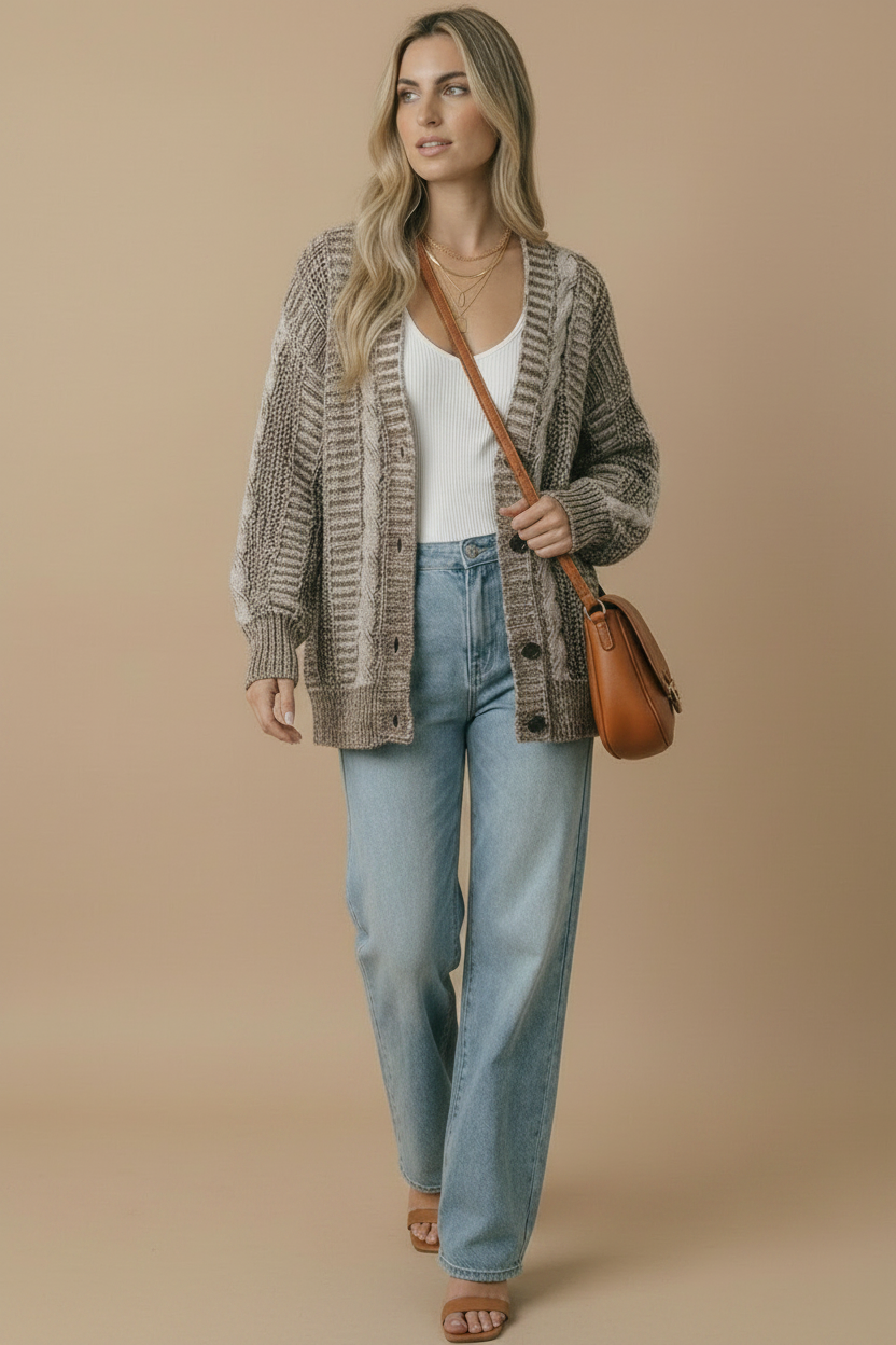 Two-Tone Chunky Cable Knit Button-Down Cardigan