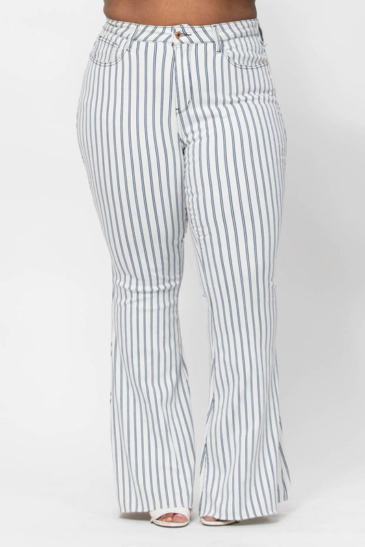 Navy Stripe High-Waisted Flare Jeans