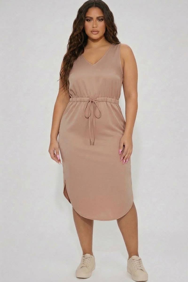 Drawstring Midi Dress – V-Neck Sleeveless High-Low Dress with Pockets