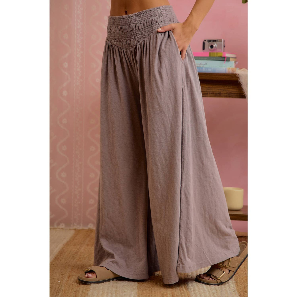 Mocha Smocked Waist Wide Leg Pants – Flowy & Relaxed Fit