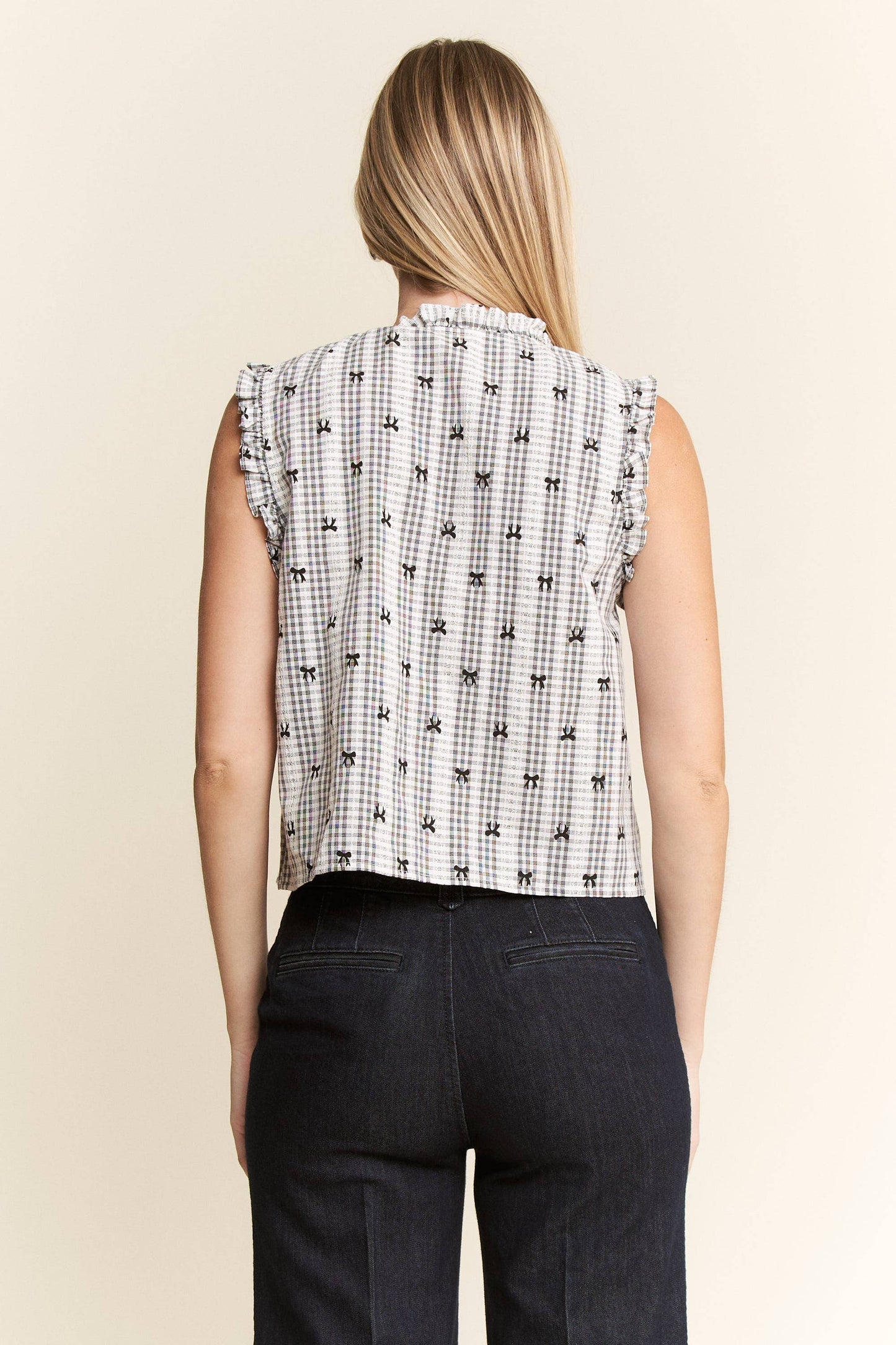 PLUS SIZE BOW PRINT PLAID TIE FRONT TOP
