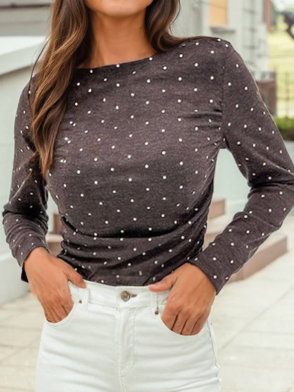 Polka Dot Boat Neck Long Sleeve Top – Brown & Taupe