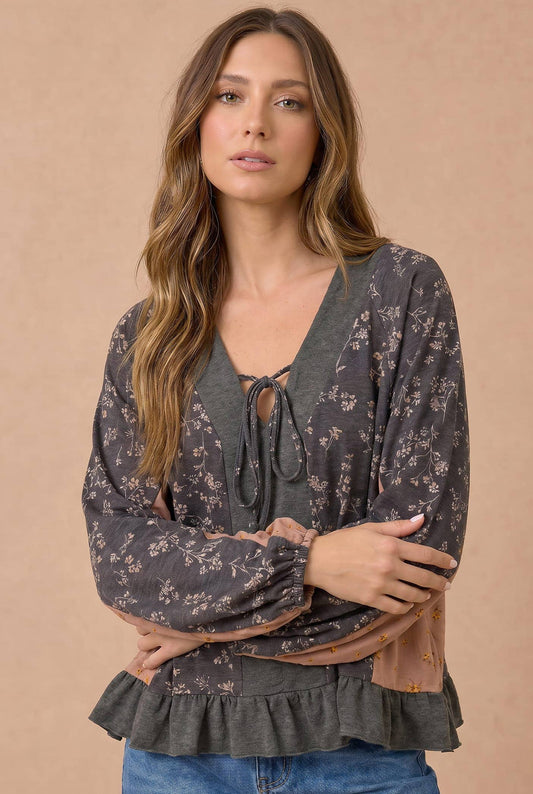 Floral Color Block Babydoll Peplum Top – Charcoal