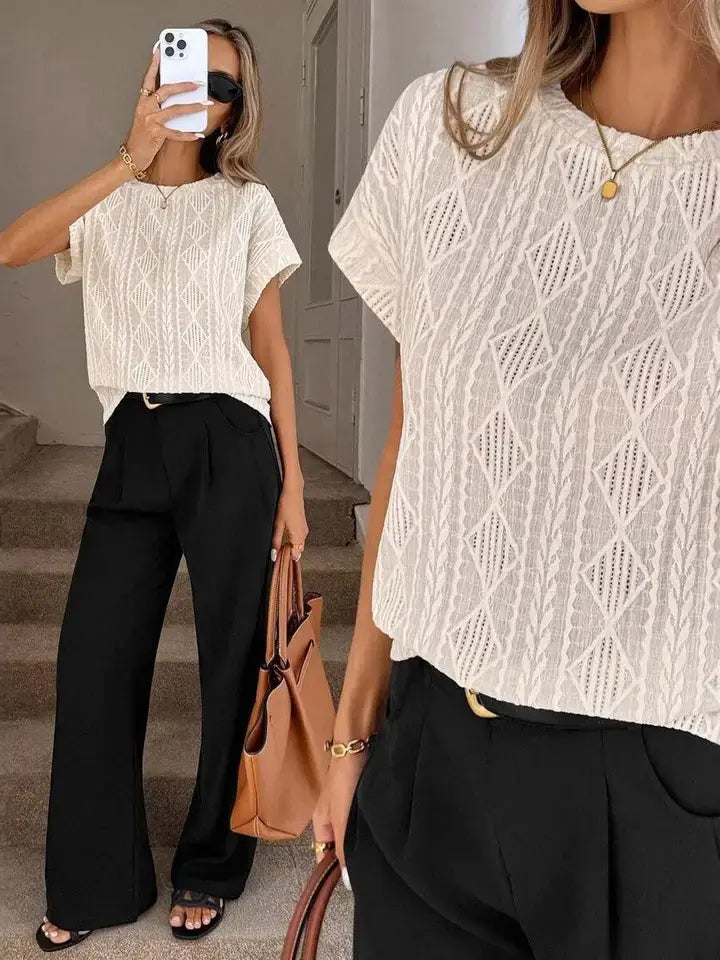 Jacquard Knit Top Textured Short Sleeve Crew Neck