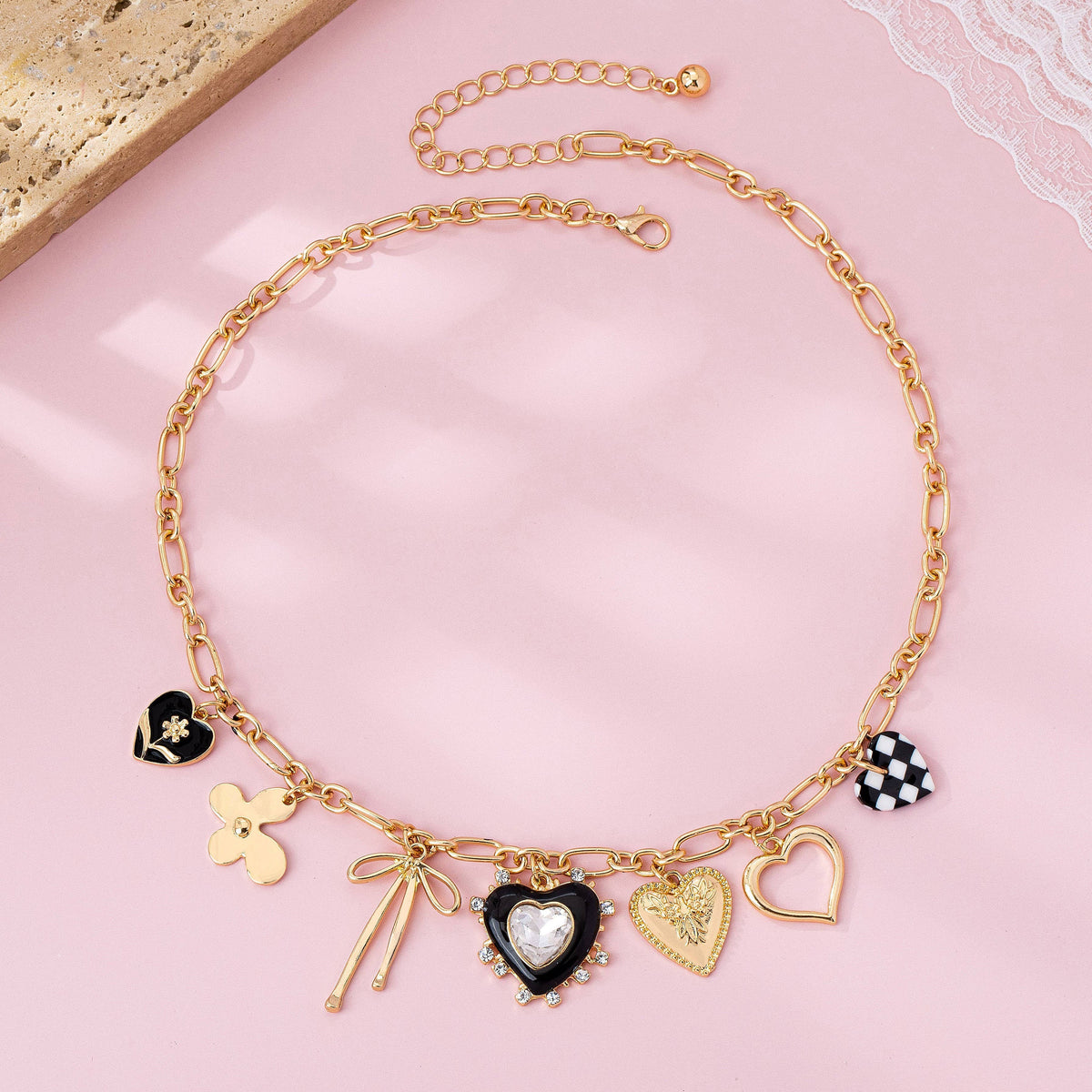 Golden Checkered Heart Charm Necklace