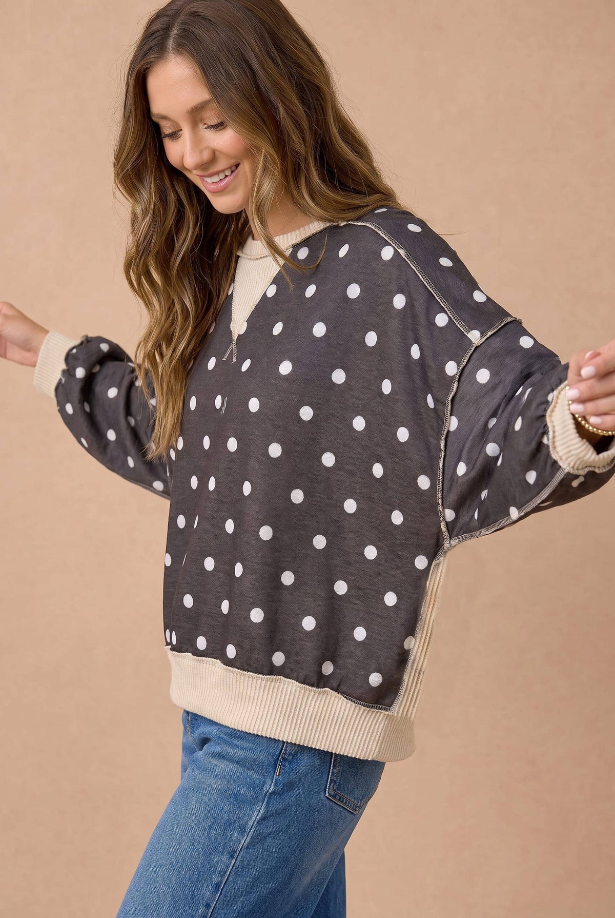 Charcoal Polka Dot Contrast Pullover