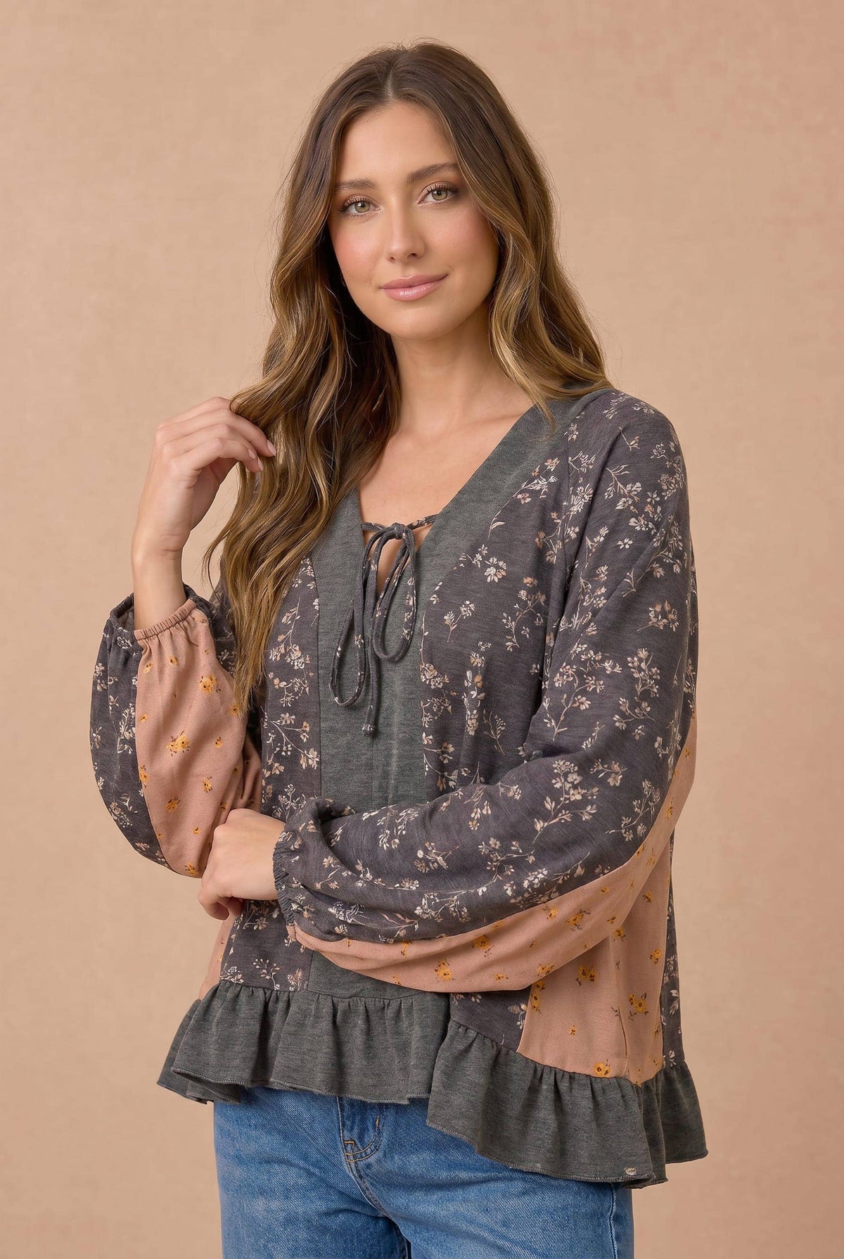Floral Color Block Babydoll Peplum Top – Charcoal