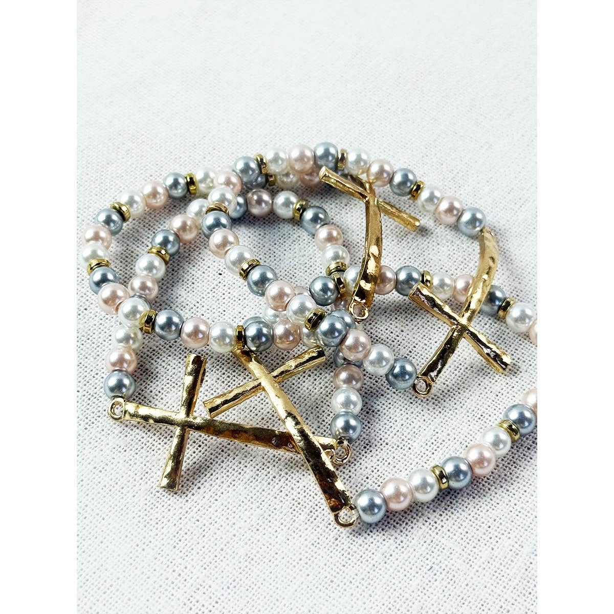 Hammered Cross Beaded Stretch Bracelet