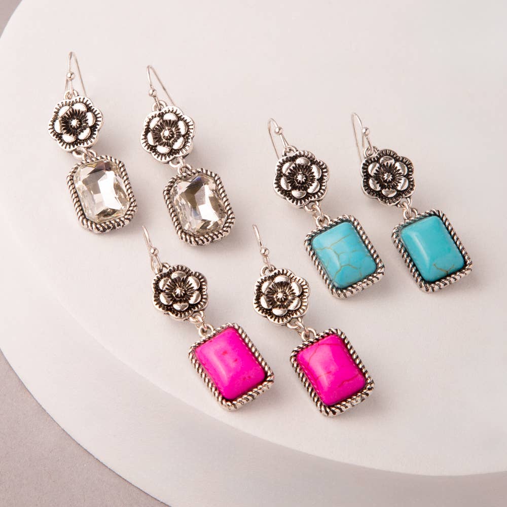 Western Floral Dangle Earrings – Jeweled Silver Post Statement Earrings