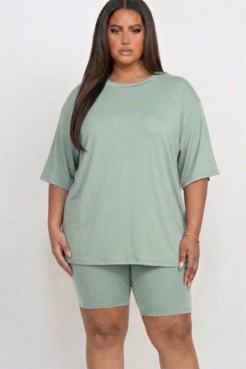 Plus Size Biker Shorts Set – Oversized Top & High Waisted Shorts Lounge Set