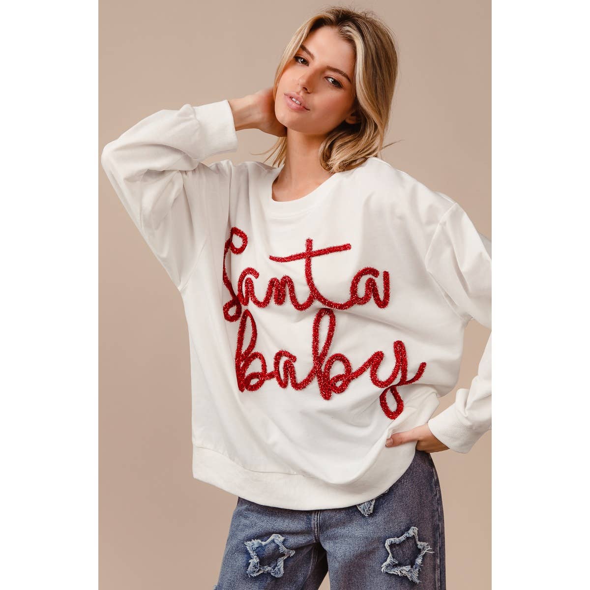 Santa Baby Tinsel Lettering Oversized Christmas Sweatshirt