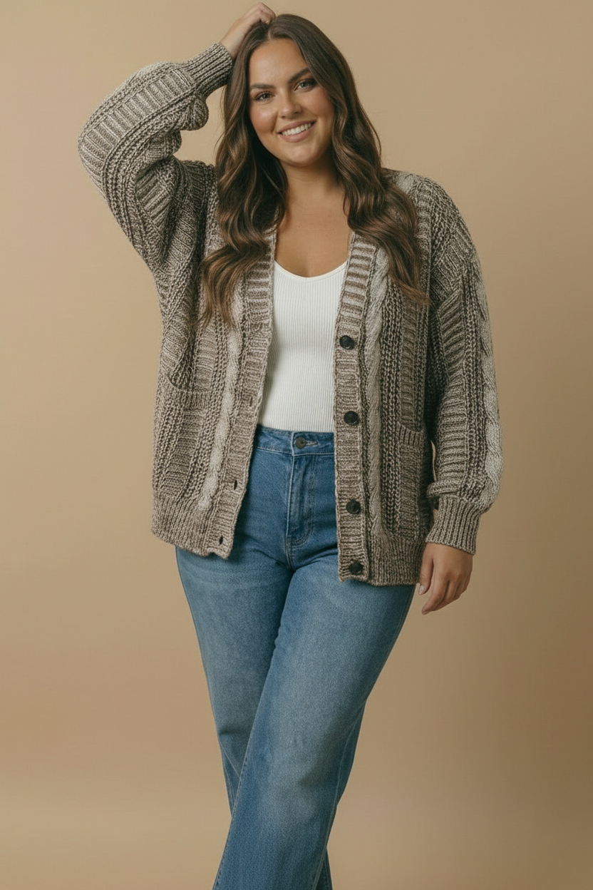 Two-Tone Chunky Cable Knit Button-Down Cardigan